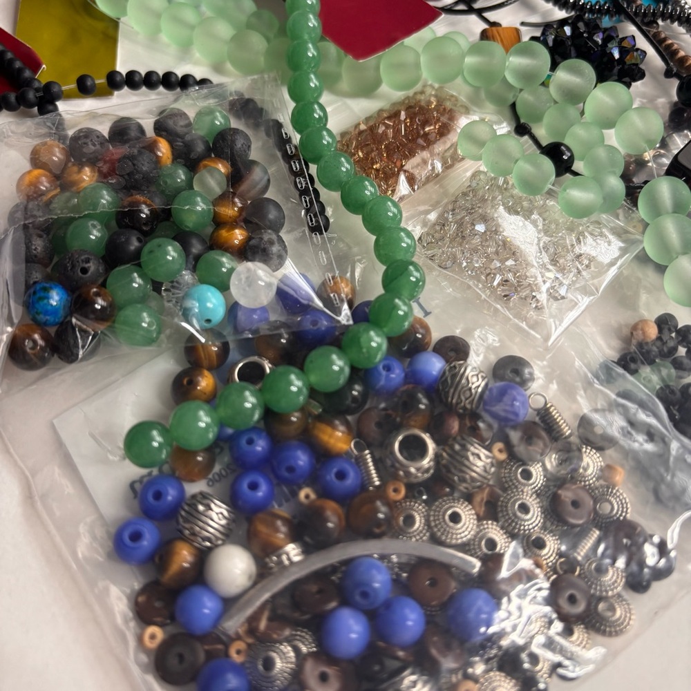 Lot of Mixed Craft‎ Beads, Crystals, Findings Green, Blue, Brown, Black, Silver